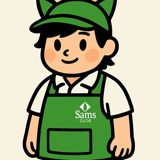 Es una trabajador de sams club, adorable, cabello un poco de emo, un poco cacheton y orejas de gatito en forma de diadema por encima de su gorra
 con gorra verde y mandil verde, playera polo blanca y pantalon negro.
In-Game asset.  High contrast.  No shadows