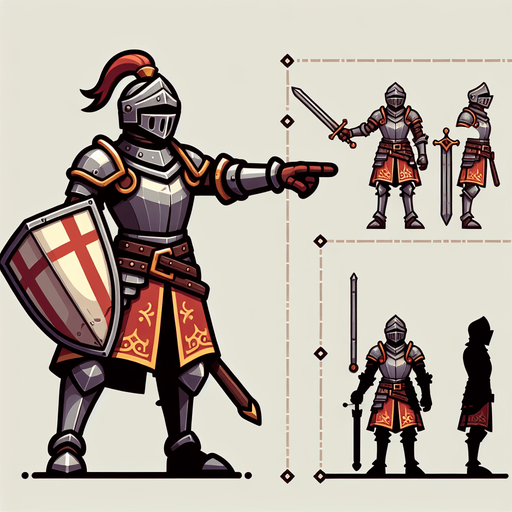 An animated image a medieval knight.
Single Game Texture. In-Game asset. 2d. Blank background. High contrast. No shadows.