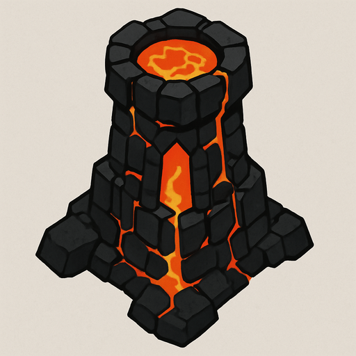 Dark magma tower.
In-Game asset.  2d.  High contrast.  No shadows. Topdown