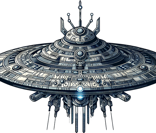 A ufo with weapons.
Single Game Texture.  In-Game asset.  2d.  Blank background.  High contrast.  No shadows