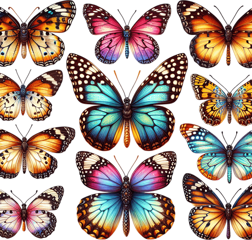 Sprite sheet with several differently colored butterflies. Realistic. No outline. No shadows. No backgrounds..
