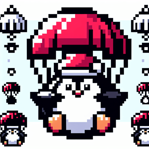 cute fat chubby parachuting penguin wearing a santa hat. pixelated. 8 bit. Single Game Texture. In-Game asset. 2d. Blank background. High contrast. No shadows.