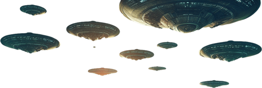 sunny day, hilly landscape. there is an alien invasion taking place in the distance. cities burning.