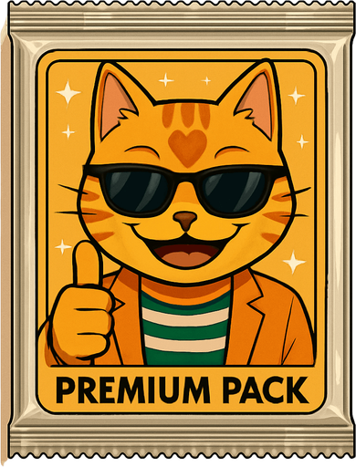 The orange cat from this picture looking straight forwards and smiling, holding out a thumbs up and looking over a pair of sunglasses on the front of a booster pack of collectible cards in plastic and seen from the front. The words “Premium Pack” on the pack underneath the picture. The plastic on the pack has stars on it.