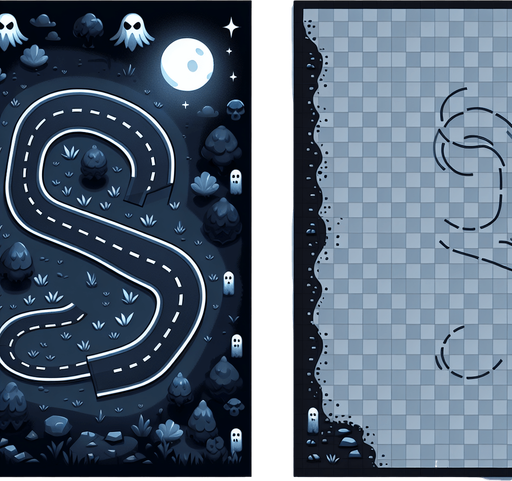 A cartoon spooky night road from above.
Single Game Texture. In-Game asset. 2d. Blank background. High contrast. No shadows.