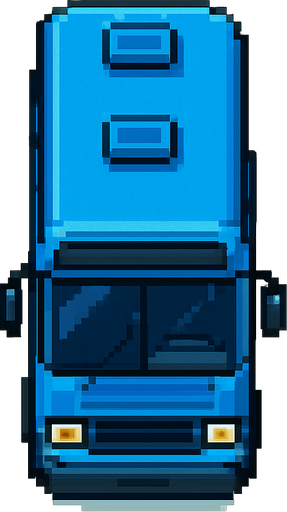 Pixel art mavi otobüs kuş bakışı.
In-Game asset.  2d.  High contrast.  No shadows