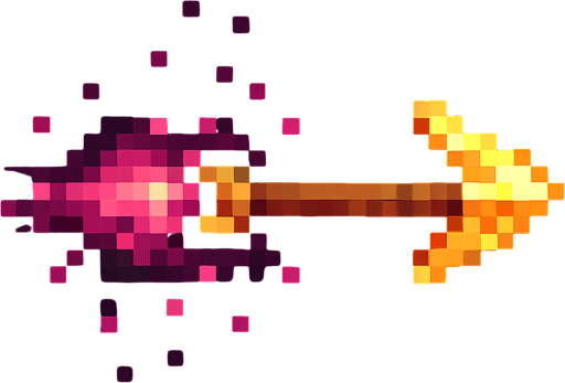 An icon of a glowing wooden arrow from a bow trailing pink particles. Pixel art..
In-Game asset.  2d.  High contrast.  No shadows