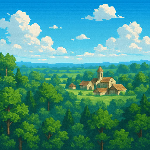 16 bit image langit biru cerah, daerah hutan luas, di kejauhan ada pedesaaan sederhana. suasana pagi hari langit biru.
In-Game asset.  2d.