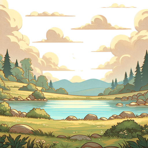 ghibli anime 2d style. meadow at lake. sky full of small with cloud.
Single Game Texture.  In-Game asset.  2d.  Blank background.  High contrast.  No shadows