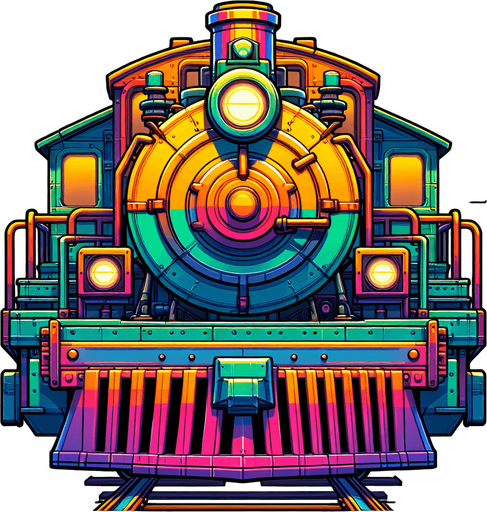 Colorful Train  engine looking  straight with no background ..
Single Game Texture. In-Game asset. 2d. Blank background. High contrast. No shadows.