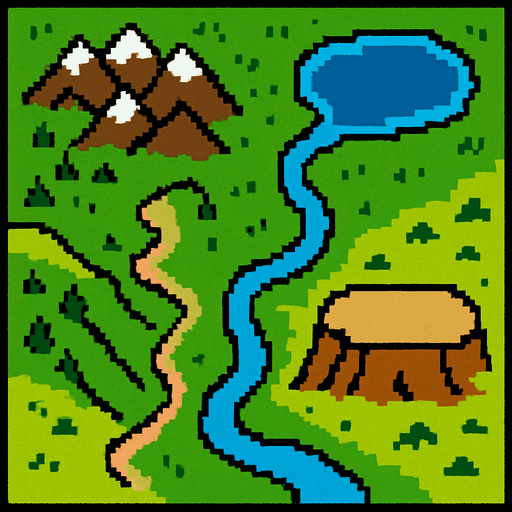 ova ya dağa platoya vadiye göle akarsuya sahip bir harita.
In-Game asset.  2d.  High contrast.  No shadows
pixelart