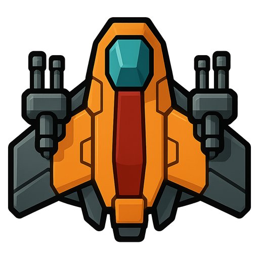 A space ship with guns.
Single Game Texture.  In-Game asset.  2d.  Blank background.  High contrast.  No shadows