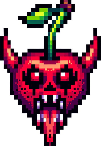 a demonic cherry, pixel style.
Single Game Texture.  In-Game asset.  2d.  Blank background.  High contrast.  No shadows
