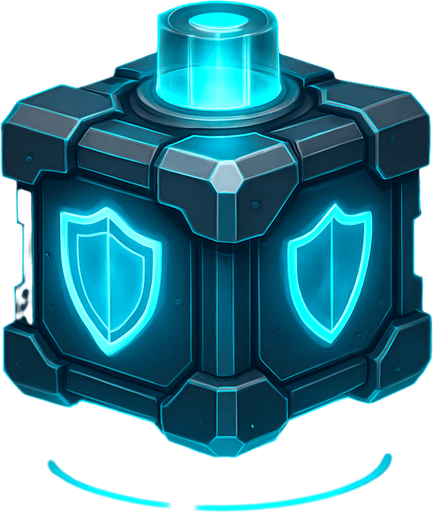 A 2D sci-fi power-up gift box that grants a shield, designed with a glowing blue energy core inside a metallic futuristic container. The box features holographic shield symbols, neon cyan highlights, and soft pulsing light. It is slightly levitating, surrounded by sparkles and a faint energy ring. The design should clearly suggest it gives protective power. Transparent background, digital art style, ideal for sprite use in a top-down space shooter game..
In-Game asset.  2d.  High contrast.  No shadows