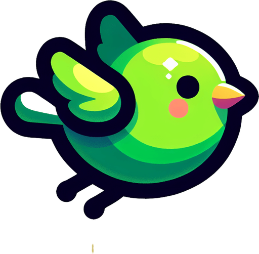 A happy little green bird flying..
Single Game Texture. In-Game asset. 2d. Blank background. High contrast. No shadows.