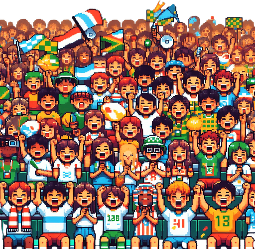 8-bit pixelated cheering group of young fans at the olympics holding signs, Vuvuzelas and confetti.
Single Game Texture. In-Game asset. 2d. Blank background. High contrast. No shadows.