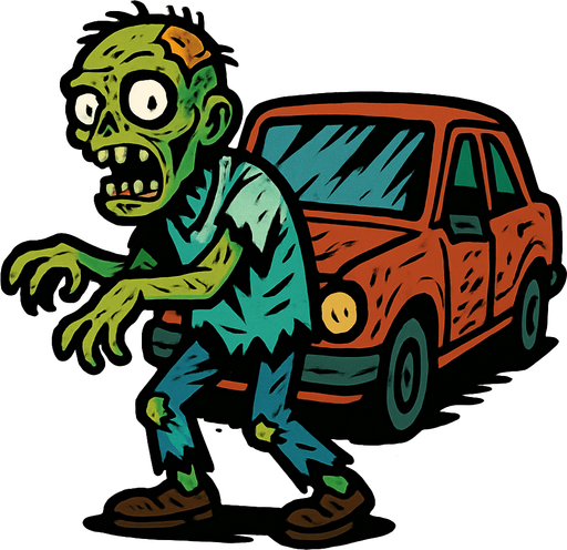 Crea un zombie con un coche.
In-Game asset.  2d.  High contrast.  No shadows