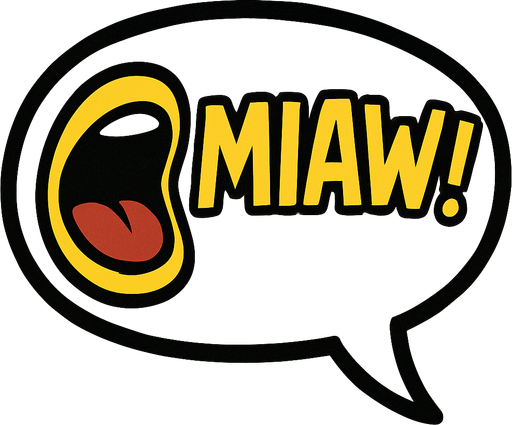 Simple cartoon speech bubble with big open mouth icon and uppercase lettering 'MIAW!'. Bubble tail on the right.
Single Game Texture.  In-Game asset.  2d.  Blank background.  High contrast.  No shadows