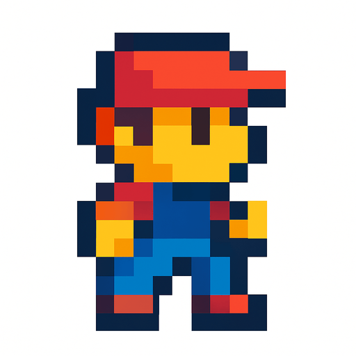 A cool platformer like 16 by 16 pixelated character no background shadows and highlights.
In-Game asset.  2d.  High contrast.  No shadows. 2d pixelated in game asset no horns