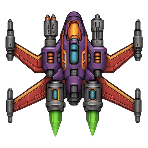 A spaceship with weapons and four wings.
Single Game Texture.  In-Game asset.  Blank background.  High contrast.  No shadows