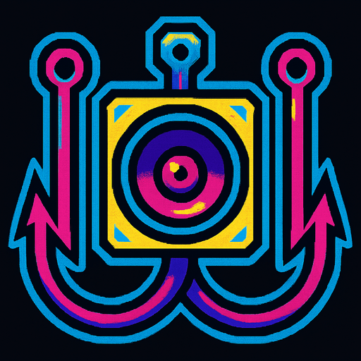 A double sided fishing hook with a small speaker in the center. 80s arcade machine graphics..
In-Game asset.  2d.  High contrast.  No shadows