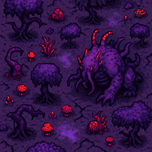 “Top-down 2D pixel art of a corrupted purple biome with twisted terrain and glowing fungal elements. A monstrous purple creature stands or crawls among deformed trees with dark trunks and sickly foliage. The environment is filled with warped nature: crooked trees, glowing red or violet plants, cracked soil with dark veins, and scattered patches of toxic mist. The monster has a grotesque form, with tentacles or spines, and a faint red glow. The scene is rich in environmental details, designed as a high-quality overworld area in a dark fantasy pixel art game.”.
In-Game asset.  2d.  High contrast.  No shadows