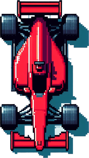Piksel sanatı formula arabası kırmızı kuş bakışı.
Single Game Texture.  In-Game asset.  2d.  Blank background.  High contrast.  No shadows