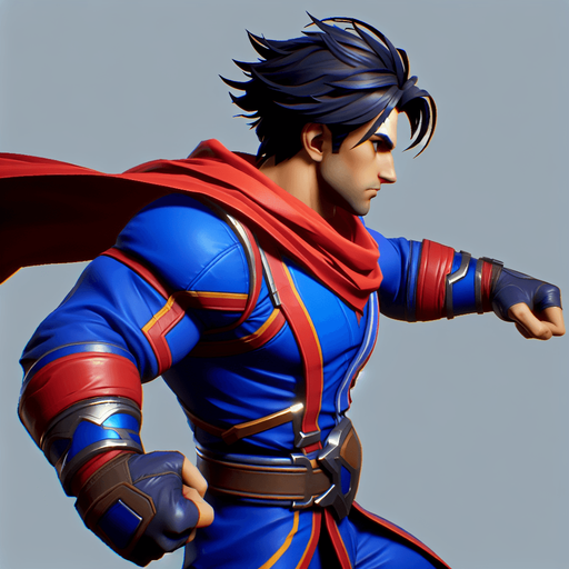 Side view of superman flying from left to right, with his fist pushed out in front of him.
Single Game Texture. In-Game asset. 2d. Blank background. High contrast. No shadows.