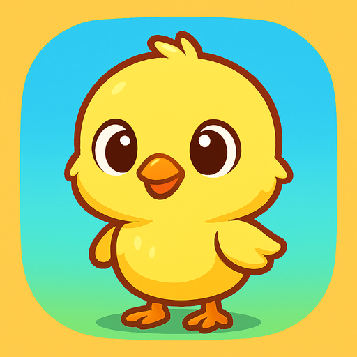 “A cute cartoon-style baby chick standing upright, designed as a game character. Big round eyes, small orange beak, fluffy yellow feathers, small wings, tiny feet. Bright and happy expression, simple colorful background, high-quality digital illustration, ideal for a mobile game character..
In-Game asset.  2d.  High contrast.  No shadows. cartoon style