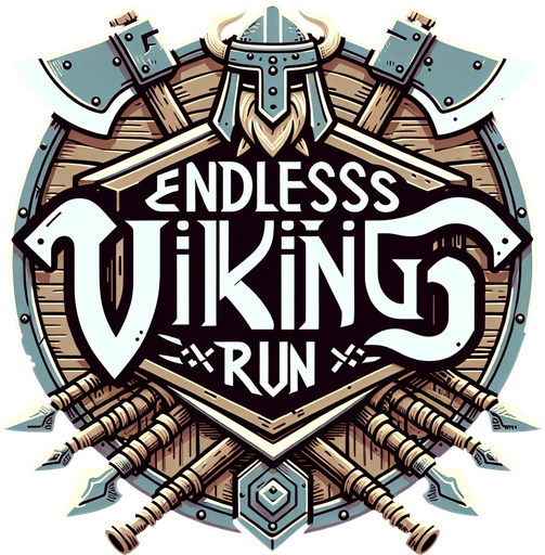 A game logo for a game called 'Endless Viking Run' using norse font on a background of a viking shield and crossed axes. Muted colors..
Single Game Texture. In-Game asset. 2d. Blank background. High contrast. No shadows.