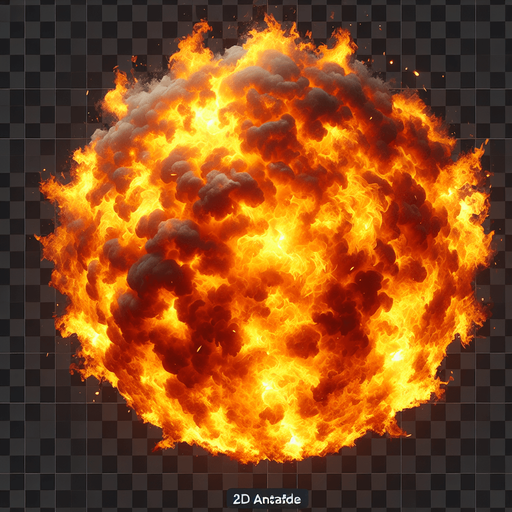 A fiery explosion.
Single Game Texture. In-Game asset. 2d. Blank background. High contrast. No shadows.