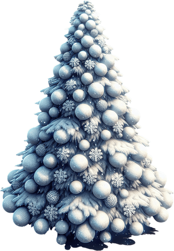 A snowcovered christmas tree decorated with snowballs..
Single Game Texture. In-Game asset. 2d. Blank background. High contrast. No shadows.