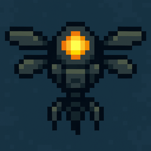 Flying pixel art flying drone, top down, insectoid design, yellow light on top.
In-Game asset.  2d.  High contrast.  No shadows