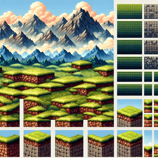 A tilesheet showing different terrains for the ground and platforms in an endless runner game. Some segments should be horizontal, while some should be going slightly uphill or downhill. Each segment should be approximately the same length, and they should have similar textures that allow them to more or less seamlessly be pieced together to form larger stretches. The tileset should only include the ground segments and not any backgrounds. Mountaineous, grassy, medieval fantasy..
Single Game Texture. In-Game asset. 2d. Blank background. High contrast. No shadows.