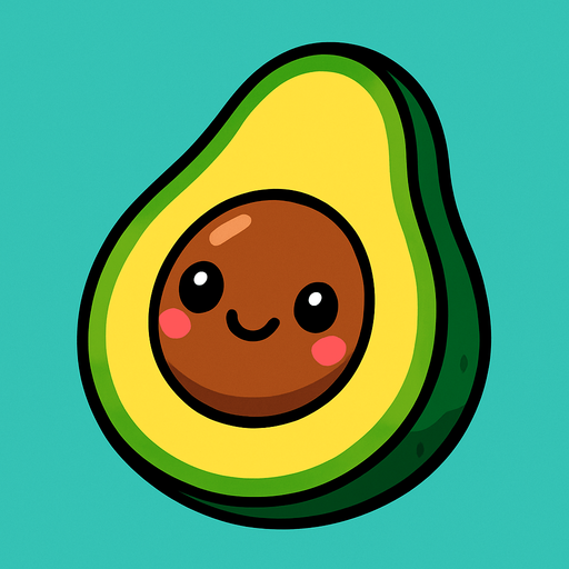 A cut in half avocado with cute face.
In-Game asset.  2d.  High contrast.  No shadows