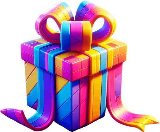 bright 3d present with bow, vivd colours.
Single Game Texture. In-Game asset. 2d. Blank background. High contrast. No shadows.