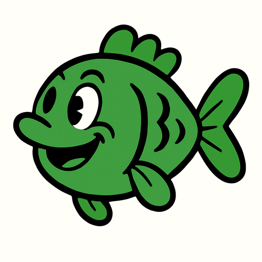 Rubber Hose Style Green Medium-Sized fish.
In-Game asset.  2d.  High contrast.  No shadows