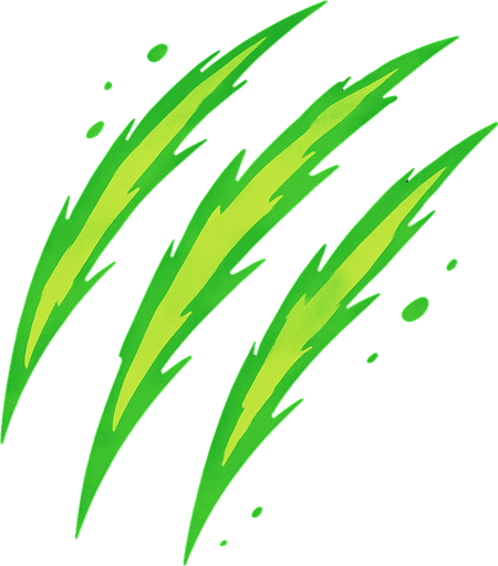 Small green claw slash effect. 2D. Top View..
In-Game asset.  2d.  High contrast.  No shadows