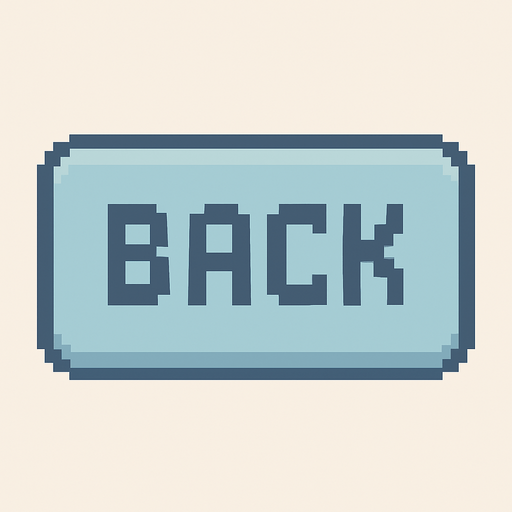 A flat pixel art button for a 2D retro-style game UI. The button is rectangular with rounded corners and minimal shading. It features the word "BACK" written in large, centered pixel font. The button color should be a clear pastel blue-grey, leaning more towards light blue than grey. The design is clean and simple, with no extra icons, borders, or decorations—just a cozy retro button..
In-Game asset.  2d.  High contrast.  No shadows. pixel art. retro. 2d game ui. flat design. pastel colors. soft light blue. clean. simple. rounded corners. large pixel font. minimal