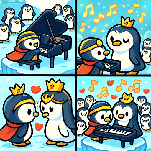 4-panel comic strip, no text, cute cartoon style, bright colors, black outlines.
Characters: Penguin Hero (small, determined) + Penguin Princess (elegant, crown) + Village Penguins
Central Theme: Music connects hearts, piano mastery wins love. Story: Hero's grand performance wins Princess's heart and village's admiration

Panel 1: Hero plays grand piano on large ice stage, whole village watching
Panel 2: Beautiful music fills the air, all penguins are enchanted, notes sparkle
Panel 3: Princess approaches Hero, heart symbols floating between them
Panel 4: Hero and Princess together at piano, playing duet, village celebrates with hearts/music notes everywhere.
In-Game asset.  2d.  High contrast.  No shadows