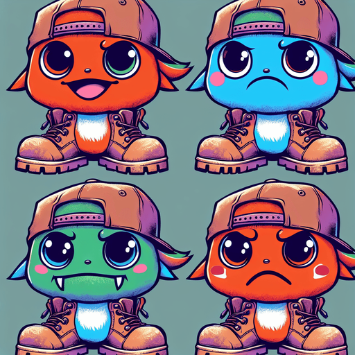 a cute monster in 4 emotions (happy, sad, hungry and neutral) wearing a snapback and Timberland shoes in Anime theme Single Game Texture. In-Game asset. 2d. Blank background. High contrast. No shadows.