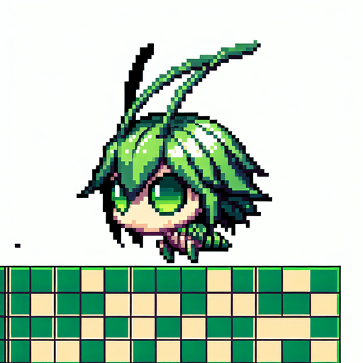 chibi 8 bit image green hopper insect anime protagonist.
Single Game Texture.  In-Game asset.  2d.  Blank background.  High contrast.  No shadows