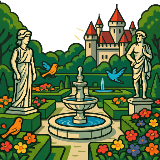 A royal medieval garden with trimmed hedges, stone fountains, blooming flowers and marble statues, birds chirping under the morning sun.
In-Game asset.  2d.  High contrast.  No shadows