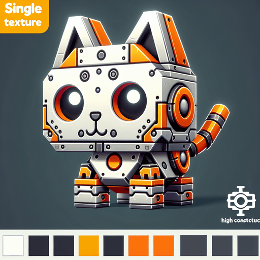 3d robotic kawaii steel kitten white and vibrant orange colour.
Single Game Texture. In-Game asset. 2d. Blank background. High contrast. No shadows.