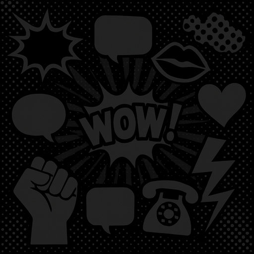 Black popart background. Only dark colors. Lots of pop art reference
In-Game asset.  2d.  High contrast.  No shadows