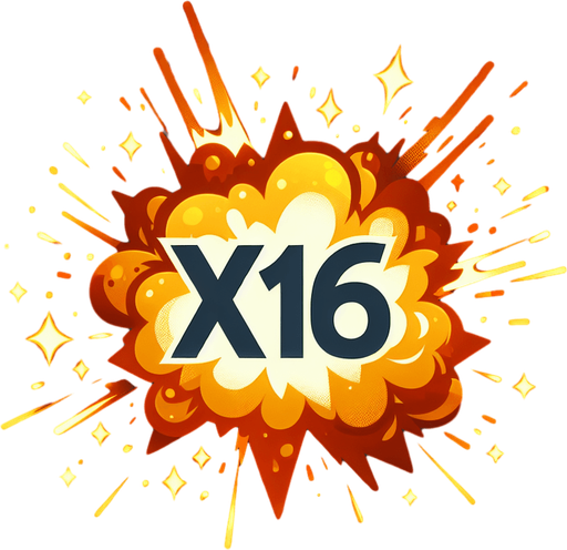 爆炸，里面有X16的字样，和前面几个图片样式一样.
Single Game Texture. In-Game asset. 2d. Blank background. High contrast. No shadows.