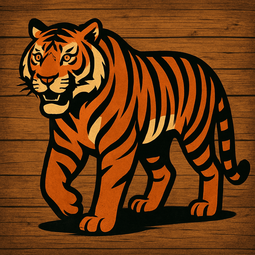 A tiger image, with wooden background.
In-Game asset.  2d.  High contrast.  No shadows