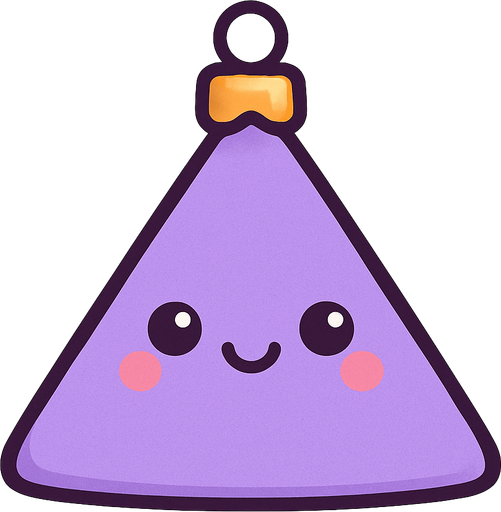 Perfectly triangle purple Christmas decoration with cute happy face. Cartoon style. Cute art style. Simple vector style.