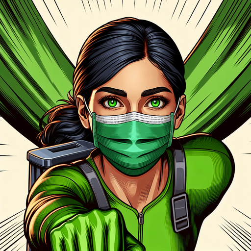 portrait of an garbage collector superhero woman wearing a green eyes mask, flying facing us, smiling in neon green suit..
single sprite, blank background.