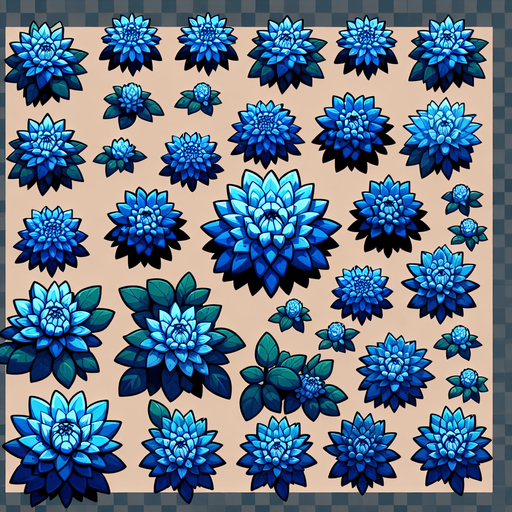 A sprite sheet of different blue dahlia seen from above. Cartoon. All similar size. Just the blossom. Bold colors and shading. 
Single Game Texture. In-Game asset. 2d. Blank background. High contrast. No shadows.